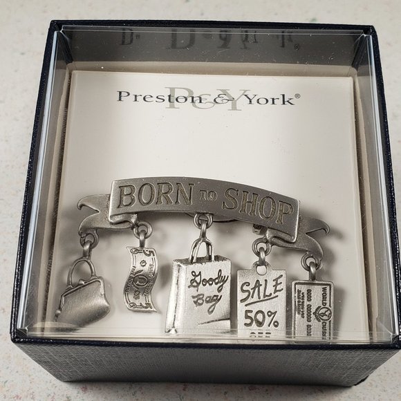 JJ Jonette Jewelry "BORN TO SHOP" Dangle Novelty Charms Pewter Brooch Pin NIB - Picture 3 of 8